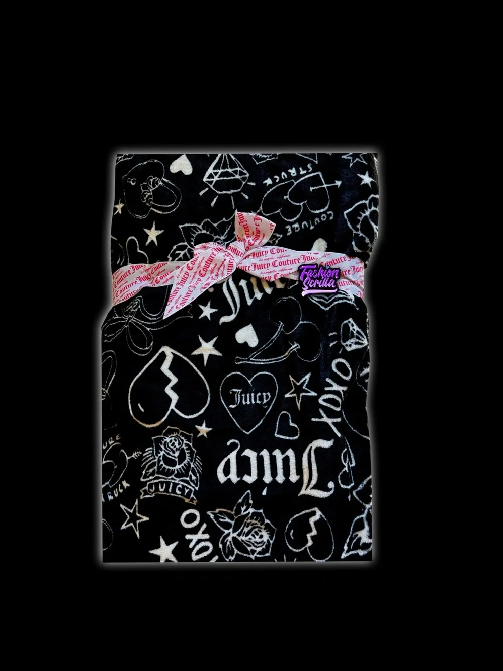 Juicy Couture RARE Oversized Plush Throw Blanket Y2K Tattoo Flash Doodle Design